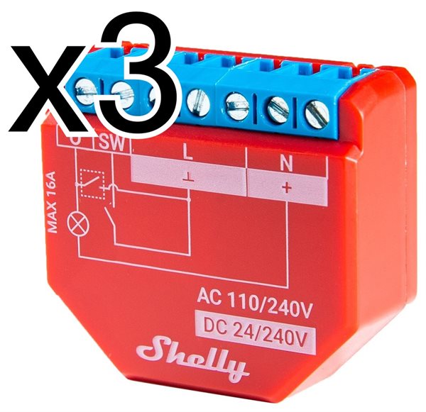 Bild av 3 x Infälld strömbrytare, en kanal, effektmätning, WiFi, Bluetooth, mJS, Shelly Plus 1PM