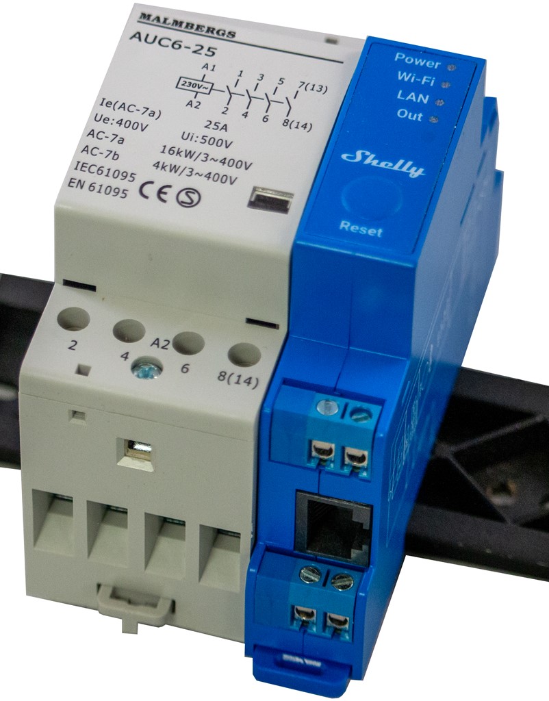 Product Image for Strömbrytare, 3 fas, DIN, WiFi/Ethernet, Shelly Pro 1 + Kontaktor