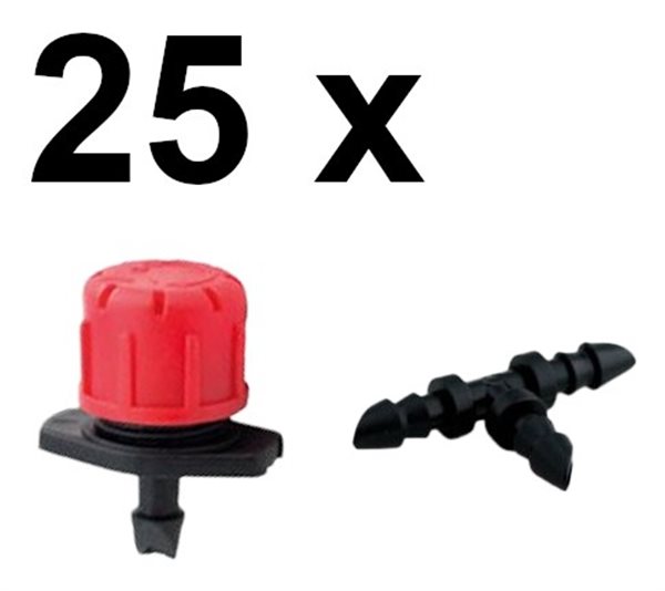 Bild av 25 st droppmunstycken/mikrosprinkler med t-koppling 
