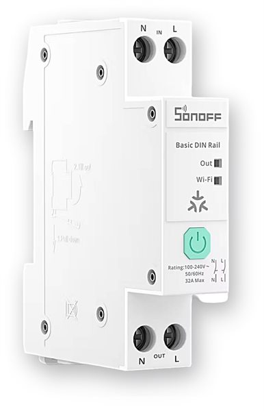 Bild av Brytare för DIN-skena, WiFi, Matter, 32 A, 2-polig, effektmätning, Sonoff Basic DIN Rail (BASIC-1GSP)