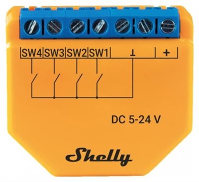 Infälld sändare, 4 kanaler, 5-24VDC, WiFi, Shelly PLUS i4 DC