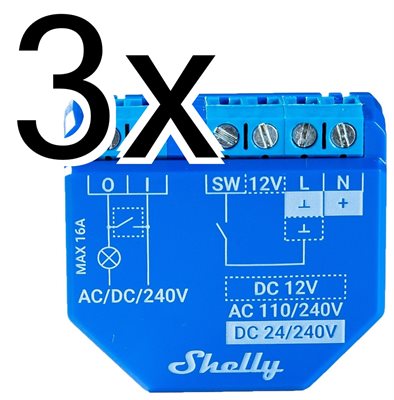 3 x Infälld strömbrytare, 1 kanal, WiFi, BLU, mJS, Shelly Plus 1
