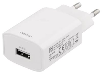Väggladdare, 100-240 V, 5 V, 2,4 A, 1x USB-A, vit påse, vit